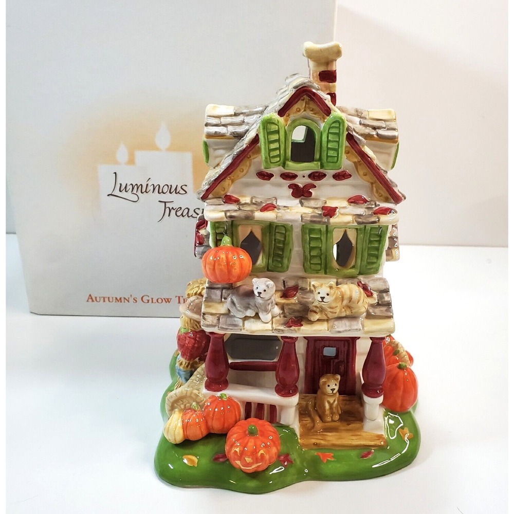 Avon 2002 Luminous Treasures Autumn's Glow Tealight House Harvest Theme Fall Cat